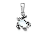 Rhodium Over Sterling Silver Antiqued MOP June Birthstone Turtle Pendant