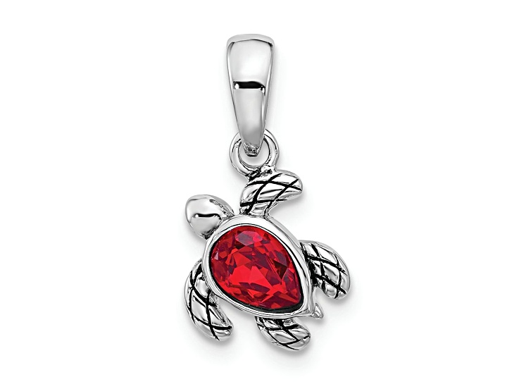 Rhodium Over Sterling Silver Antiqued Crystal July Birthstone Turtle Pendant