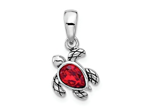 Rhodium Over Sterling Silver Antiqued Crystal July Birthstone Turtle Pendant