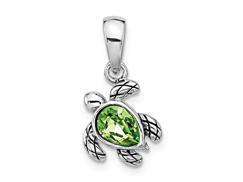 Rhodium Over Sterling Silver Antiqued Crystal Aug Birthstone Turtle Pendant