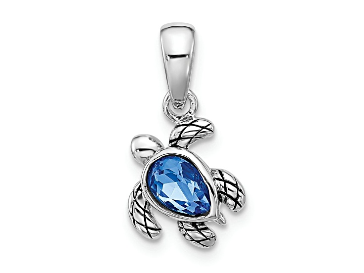 Rhodium Over Sterling Silver Antiqued Crystal Sep Birthstone Turtle Pendant