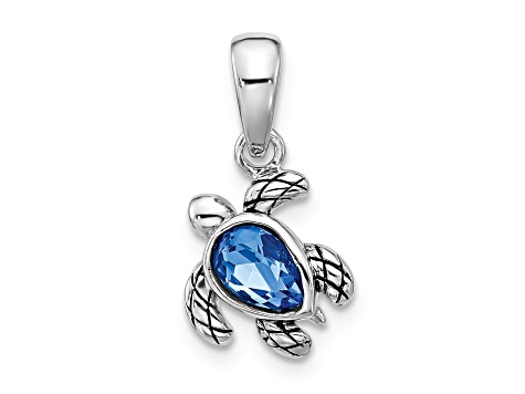 Rhodium Over Sterling Silver Antiqued Crystal Sep Birthstone Turtle Pendant