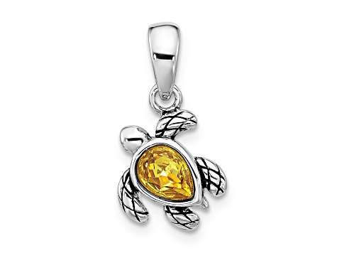 Rhodium Over Sterling Silver Antiqued Crystal Nov Birthstone Turtle Pendant