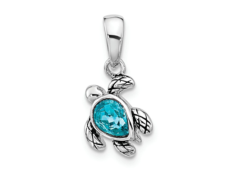 Rhodium Over Sterling Silver Antiqued Crystal Dec Birthstone Turtle Pendant