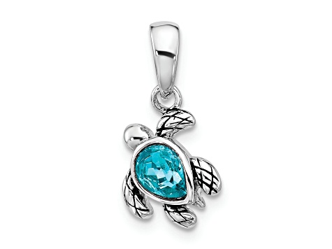 Rhodium Over Sterling Silver Antiqued Crystal Dec Birthstone Turtle Pendant