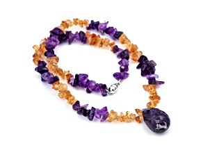 Citrine Sterling Silver Necklace with Amethyst Drop 200.00ctw
