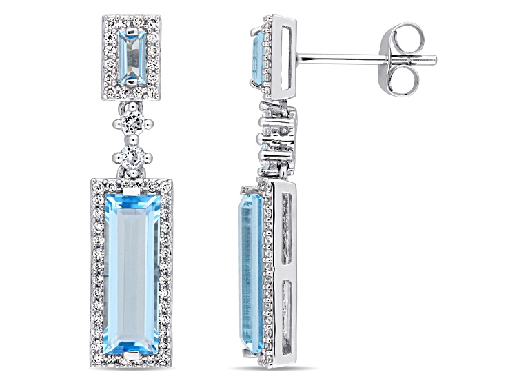 3.75ct Sky Blue Topaz And 0.33ctw White Diamond 14k White Gold Halo Dangle Earrings