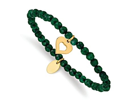 Yellow Stainless Steel Polished Heart Green Jade Stretch Bracelet
