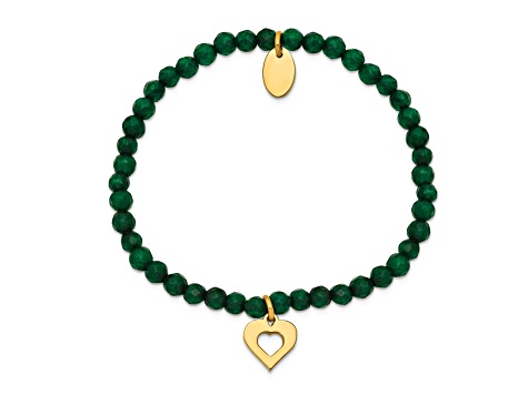 Yellow Stainless Steel Polished Heart Green Jade Stretch Bracelet