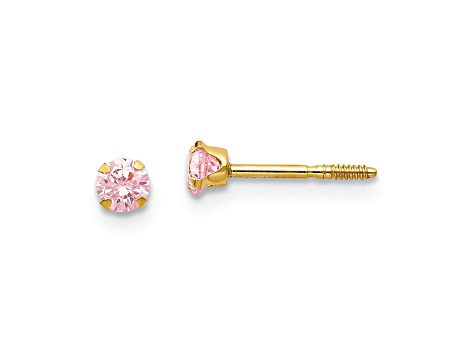 14k Yellow Gold 3mm Pink Cubic Zirconia Stud Earrings