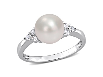 Picture of 8-8.5MM Freshwater Cultured Pearl and 1/8 CT TW Diamond Ring in Sterling Silver
