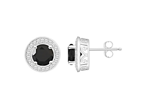 6mm Round Black Onyx 1/5 ctw Diamond Rhodium Over Sterling Silver Halo Stud Earrings