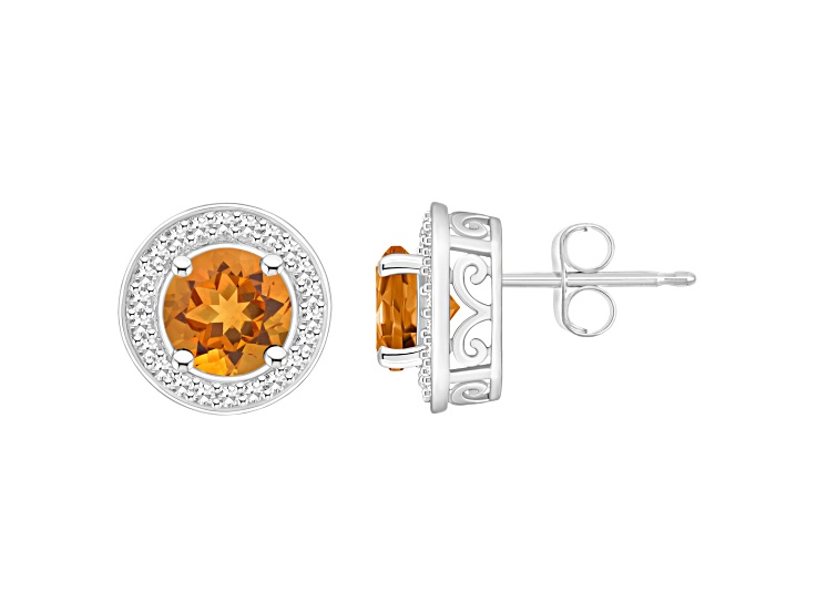 6mm Round Citrine 1/5 ctw Diamond Rhodium Over Sterling Silver Halo Stud Earrings