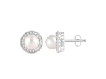 6mm Cultured Freshwater Pearl 1/5 ctw Diamond Rhodium Over Sterling Silver Halo Stud Earrings