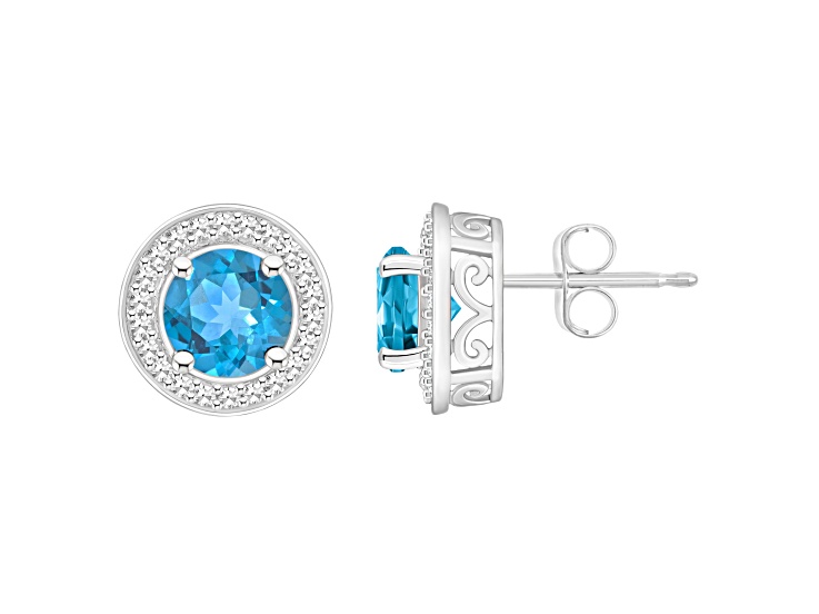 6mm Round Blue Topaz 1/5 ctw Diamond Rhodium Over Sterling Silver Halo Stud Earrings