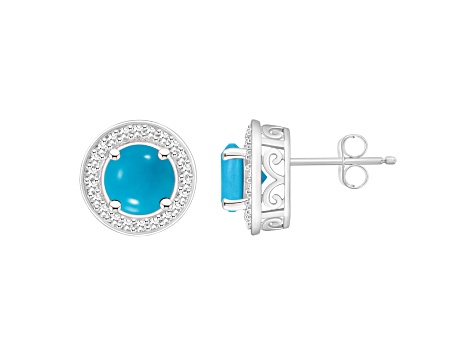 6mm Round Turquoise 1/5 ctw Diamond Rhodium Over Sterling Silver Halo Stud Earrings