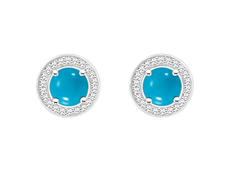 6mm Round Turquoise 1/5 ctw Diamond Rhodium Over Sterling Silver Halo Stud Earrings