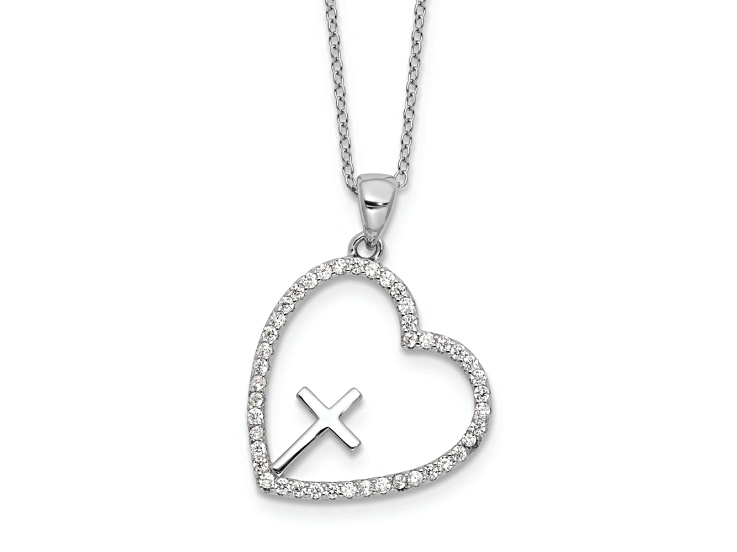 Rhodium Over Sterling Silver Cubic Zirconia Open Heart with Cross 18-inch Necklace
