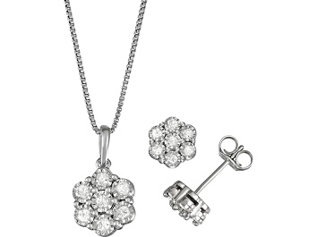 Picture of White Diamond Rhodium over Sterling Silver Cluster Pendant and Earring Set 0.50ctw