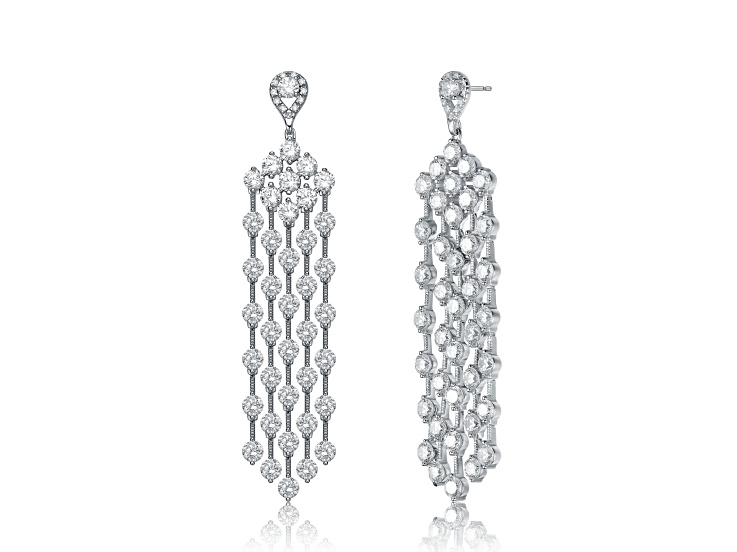 Clear Cubic Zirconia, Rhodium Plated over Sterling Silver Long Chandelier Earrings