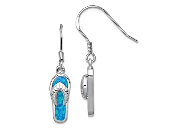 Picture of Rhodium Over Sterling Silver Created Blue Inlay Opal Sandal Dangle Earrings