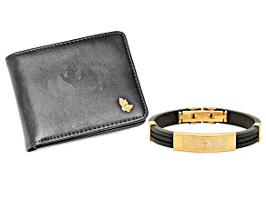 Black Leather Praying Hands Wallet and Lords Prayer Bracelet Set