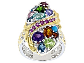 Multi-Color Multi Gemstone Rhodium & 24K Gold Over Palladium Sterling Silver Ring 3.87ctw