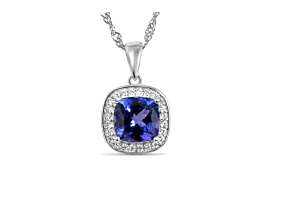 Square Cushion Tanzanite and Cubic Zirconia Rhodium Over Sterling Silver Pendant and chain, 2.41ctw