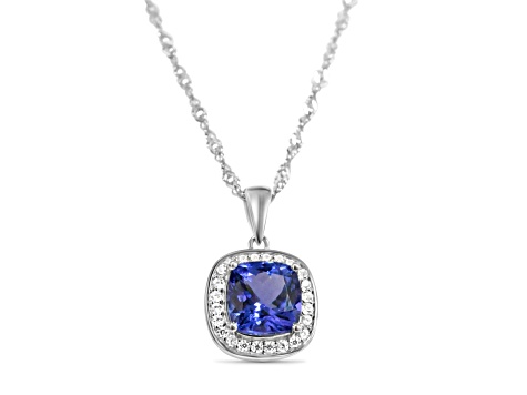 Square Cushion Tanzanite and Cubic Zirconia Rhodium Over Sterling Silver Pendant and chain, 2.41ctw