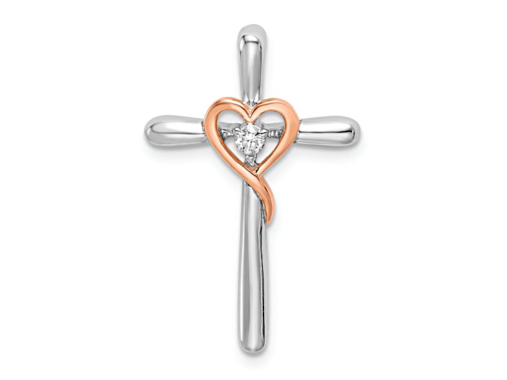 10k White Gold and 10k Rose Gold Cross with Heart Diamond Chain Slide Pendant