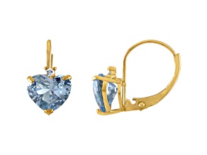 10K Yellow Gold Lab Created Aquamarine and Diamond Heart Leverback Earrings 1.79ctw