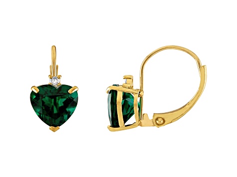 10K Yellow Gold Lab Created Emerald and Diamond Heart Leverback Earrings 1.79ctw