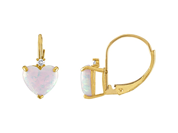 10K Yellow Gold Lab Created Opal and Diamond Heart Leverback Earrings 1.33ctw