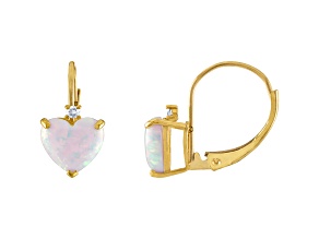 10K Yellow Gold Lab Created Opal and Diamond Heart Leverback Earrings 1.33ctw