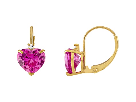 10K Yellow Gold Lab Created Pink Sapphire and Diamond Heart Leverback Earrings 2.53ctw