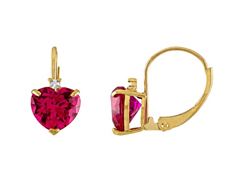 10K Yellow Gold Lab Created Ruby and Diamond Heart Leverback Earrings 2.53ctw