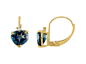 10K Yellow Gold London Blue Topaz and Diamond Heart Leverback Earrings 2.33ctw