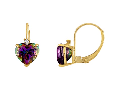 10K Yellow Gold Mystic Topaz and Diamond Heart Leverback Earrings 2.33ctw