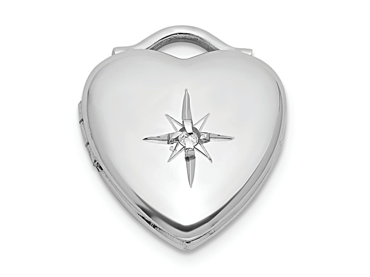 Rhodium Over Sterling Silver Brushed and Polished Diamond 12mm Heart Locket