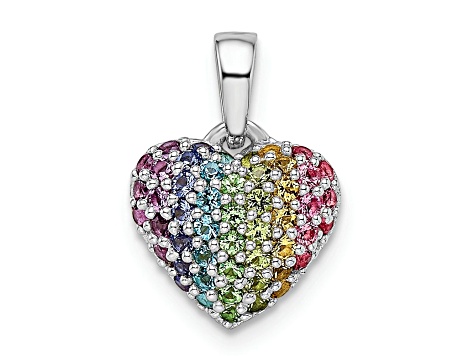 Rhodium Over Sterling Silver Rainbow Nano Crystal Heart Pendant