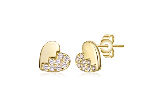 Clear Cubic Zirconia, 14K Yellow Gold Plated over Sterling Silver Heart Stud Earrings