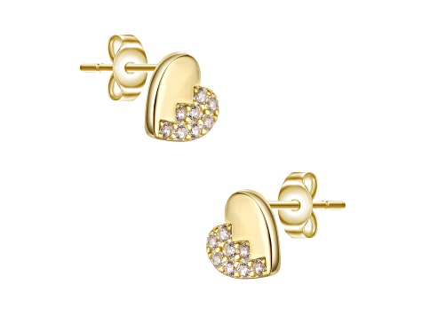 Clear Cubic Zirconia, 14K Yellow Gold Plated over Sterling Silver Heart Stud Earrings