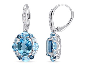 7.88ctw Sky, London and Swiss Blue Topaz Floral Drop Earrings in Sterling Silver