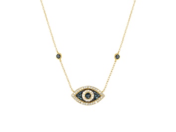 Picture of White And Blue Diamond 10K Yellow Gold Evil Eye Necklace 0.35ctw