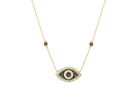 White And Blue Diamond 10K Yellow Gold Evil Eye Necklace 0.35ctw