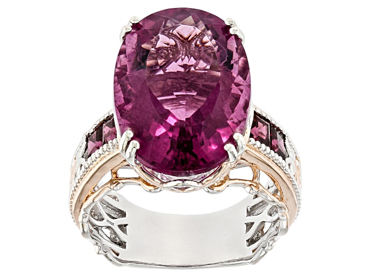 Pink Fluorite Rhodium & 18k Rose Gold Over Palladium Sterling Silver Ring 15.37ctw
