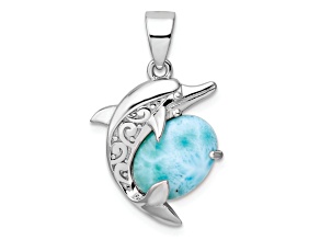 Rhodium Over Sterling Silver Polished Filigree Dolphin Larimar Pendant