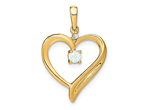 14k Yellow Gold Lab Created Opal and Diamond Heart Pendant