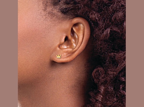 14k Yellow Gold Kids Cubic Zirconia Crown Stud Earrings