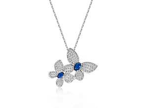 Blue Cubic Zirconia, Rhodium Plated over Sterling Silver Butterfly Pendant Necklace
